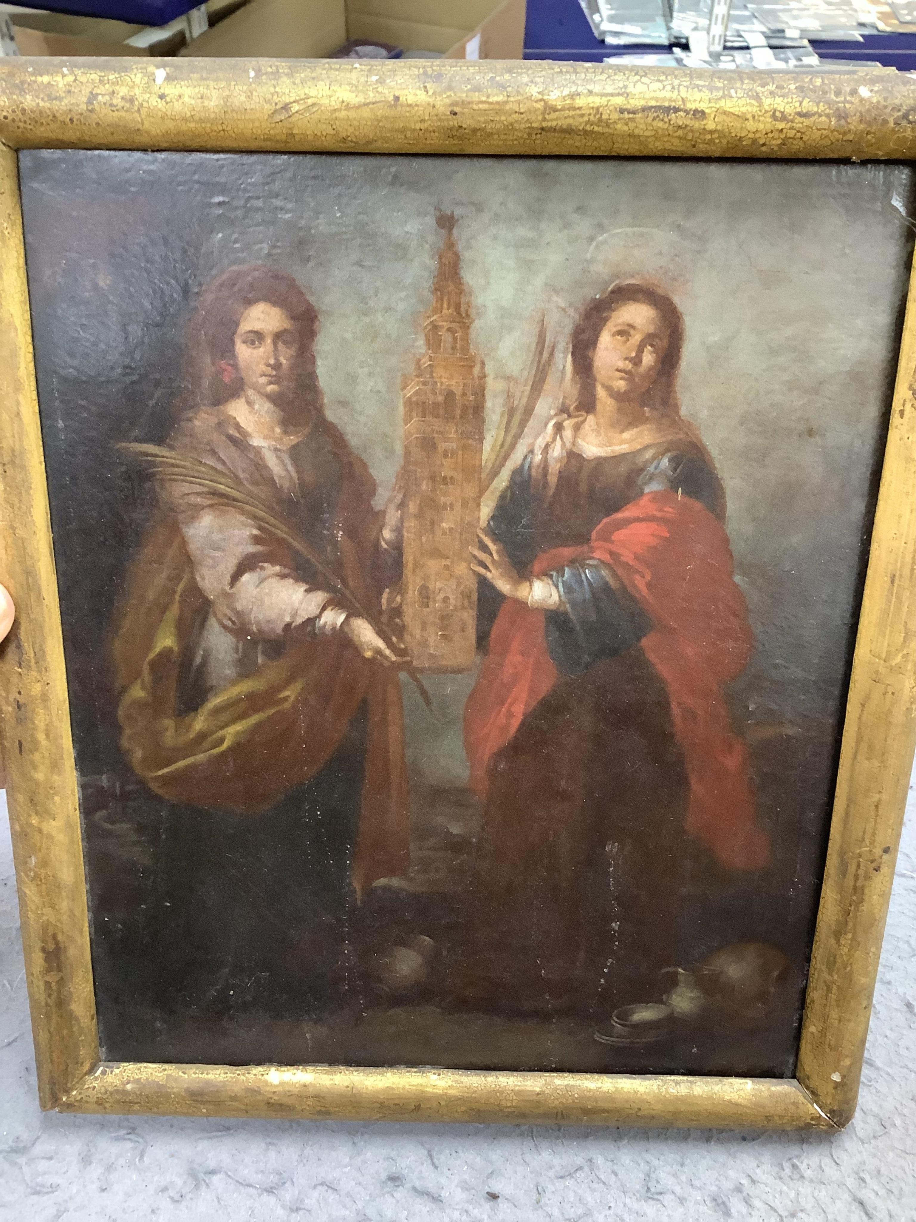 After Murillo (1618-1682), over painted print on canvas, ‘St Justa and St Rufina’, 28 x 23cm. Condition - fair